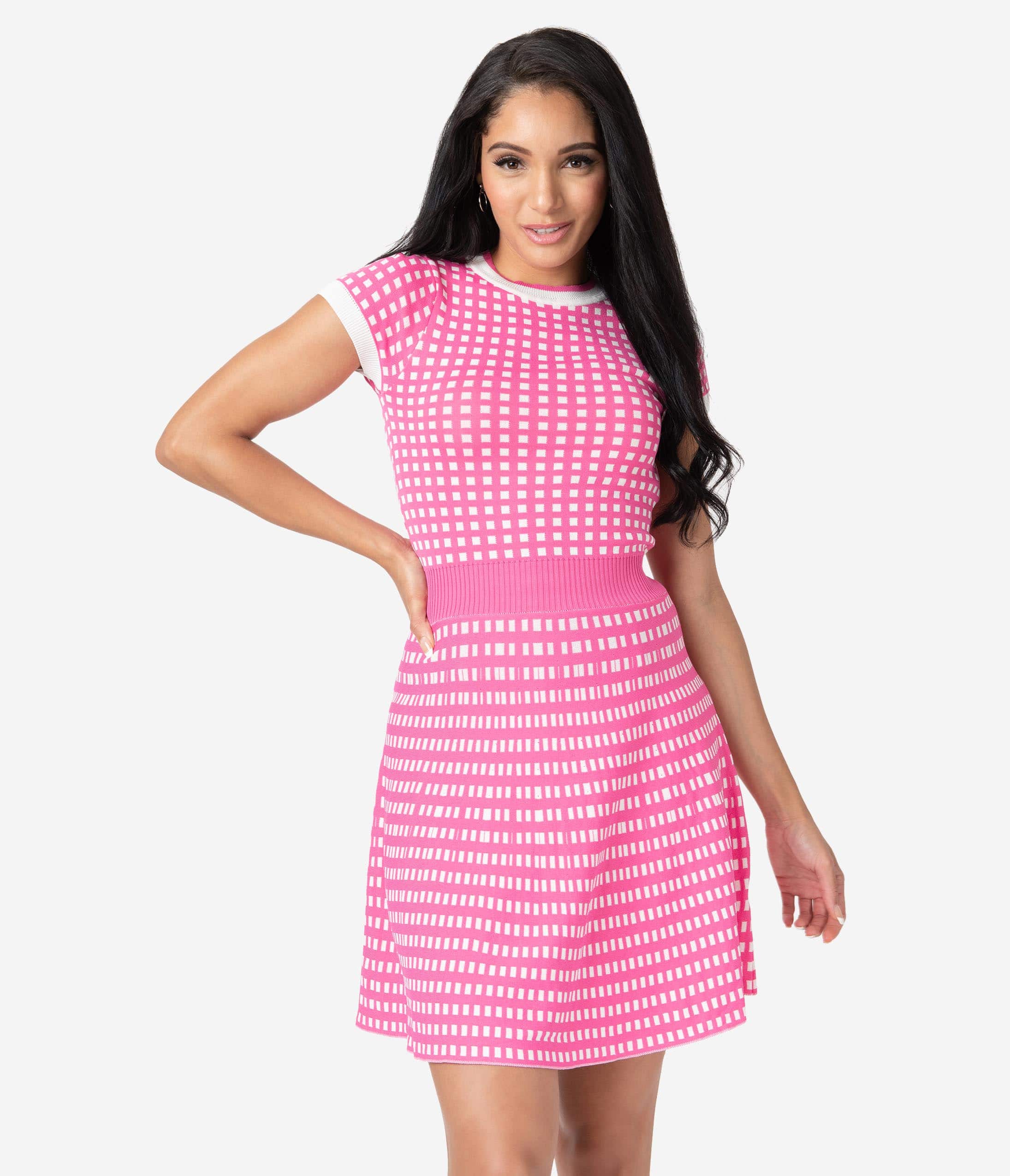 

Retro Style Fuschia & White Gingham Fit & Flare Sweater Dress