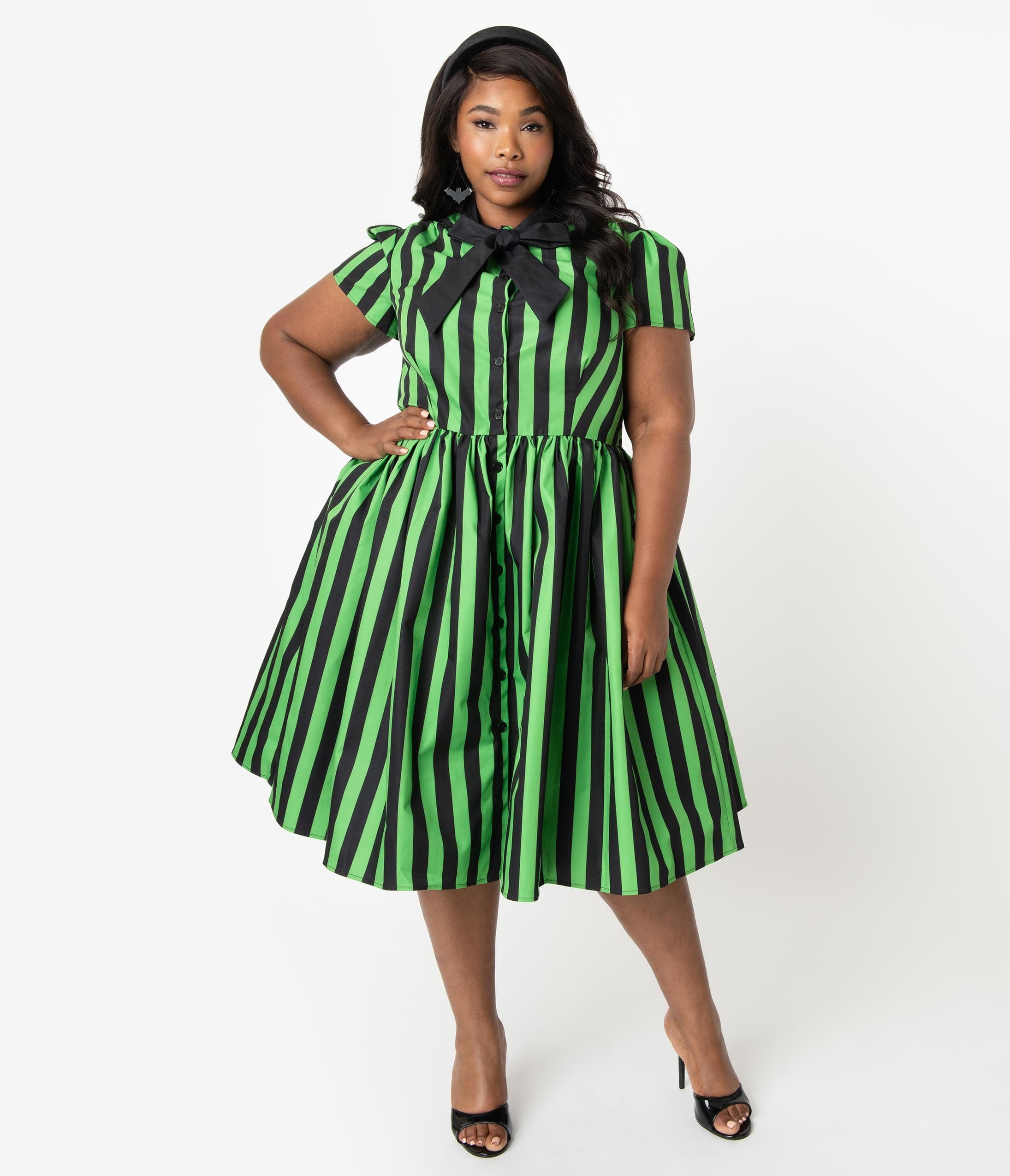 green and black striped dress