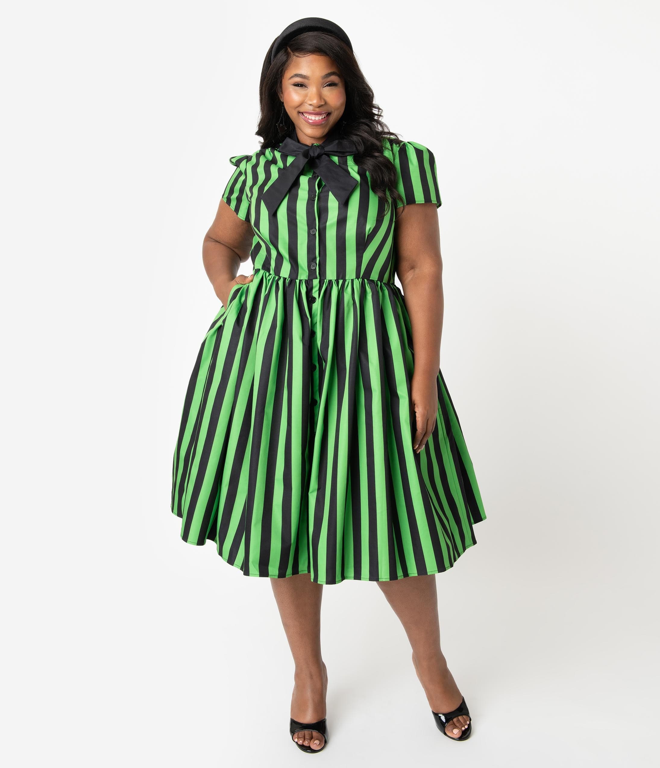 green and black striped dress