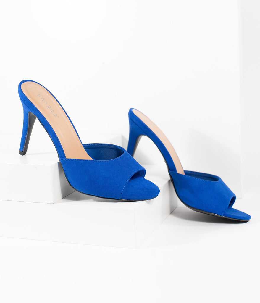 blue suede peep toe heels