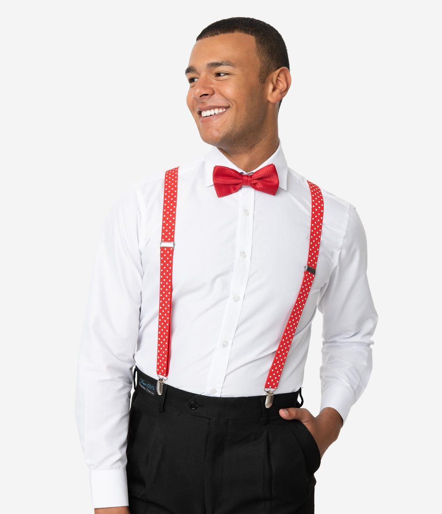 white dress shirt with red bow tie