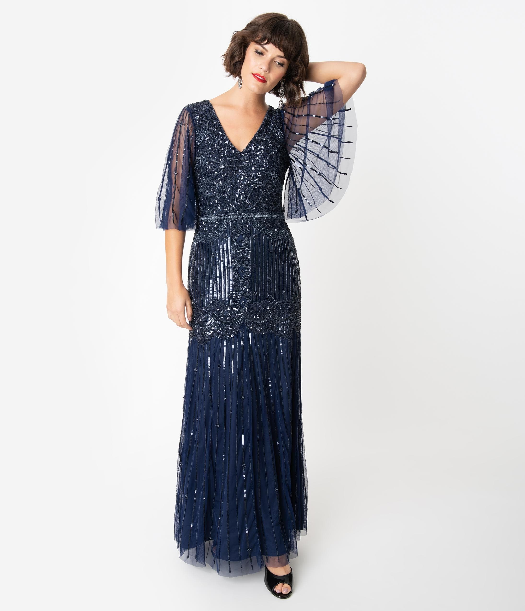 Downton Abbey Inspired Dresses Navy Blue Sequin Beaded Angel Sleeve Bettina Long Flapper Dress $268.00 AT vintagedancer.com