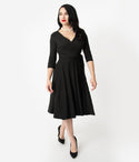 V-neck Pleated Wrap Vintage Natural Waistline Swing-Skirt 3/4 Sleeves Knit Dress