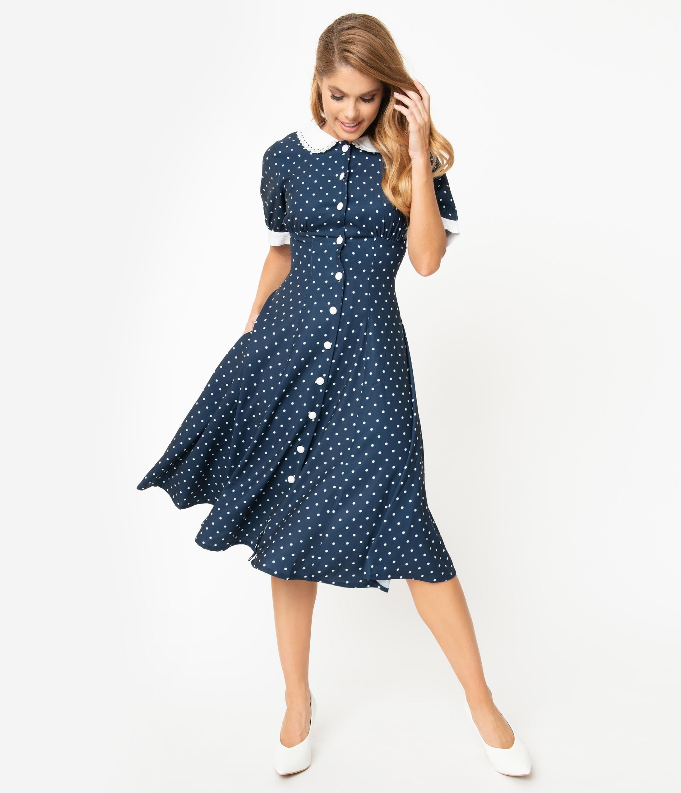 blue polka dot shirt dress