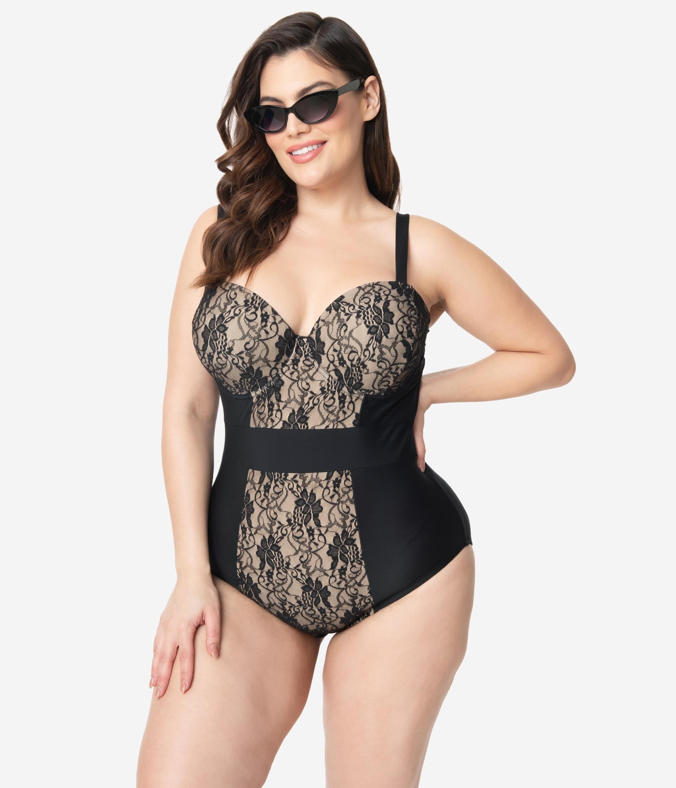 

Unique Vintage Plus Size Black Lace & Beige Pin-Up Clemente Swimsuit