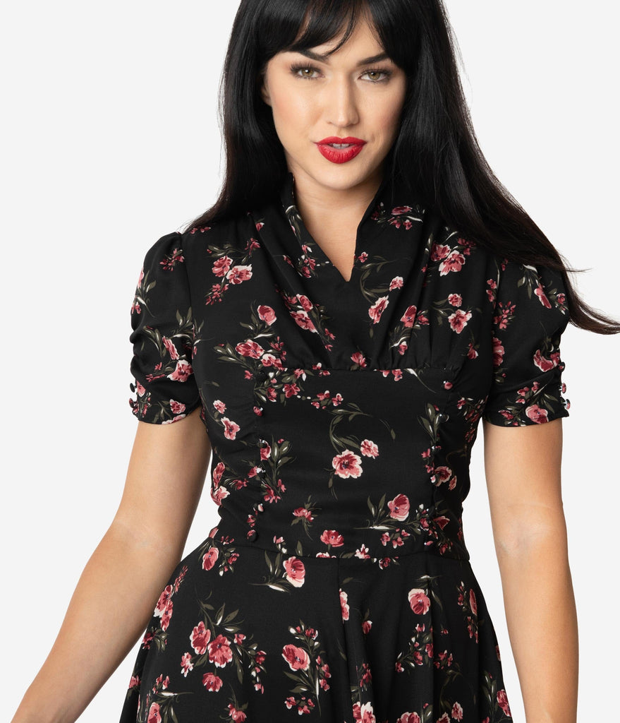 black dress with pink floral print