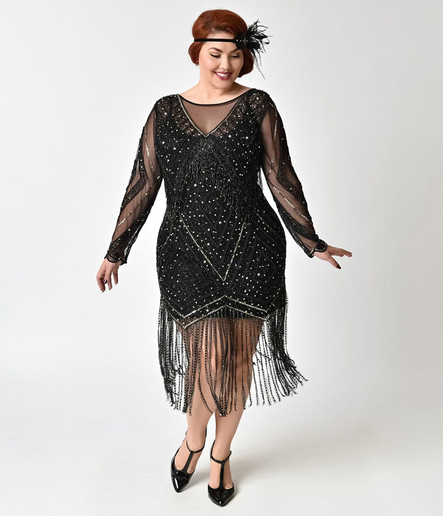 Black And Gold Plus Size Beaded Sheer Long Sleeve Betty Flapper Dress 