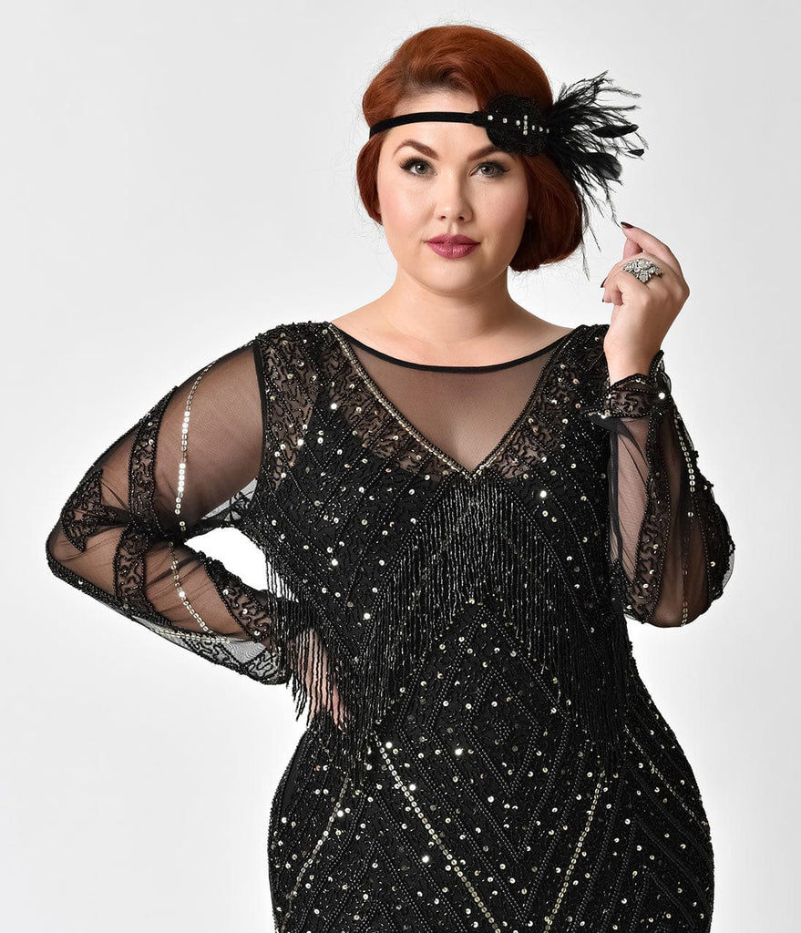 Black And Gold Plus Size Beaded Sheer Long Sleeve Betty Flapper Dress Unique Vintage 3944