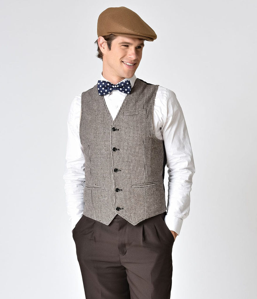 Brown & Khaki Houndstooth V-Neck Button Up Mens Vest – Unique Vintage