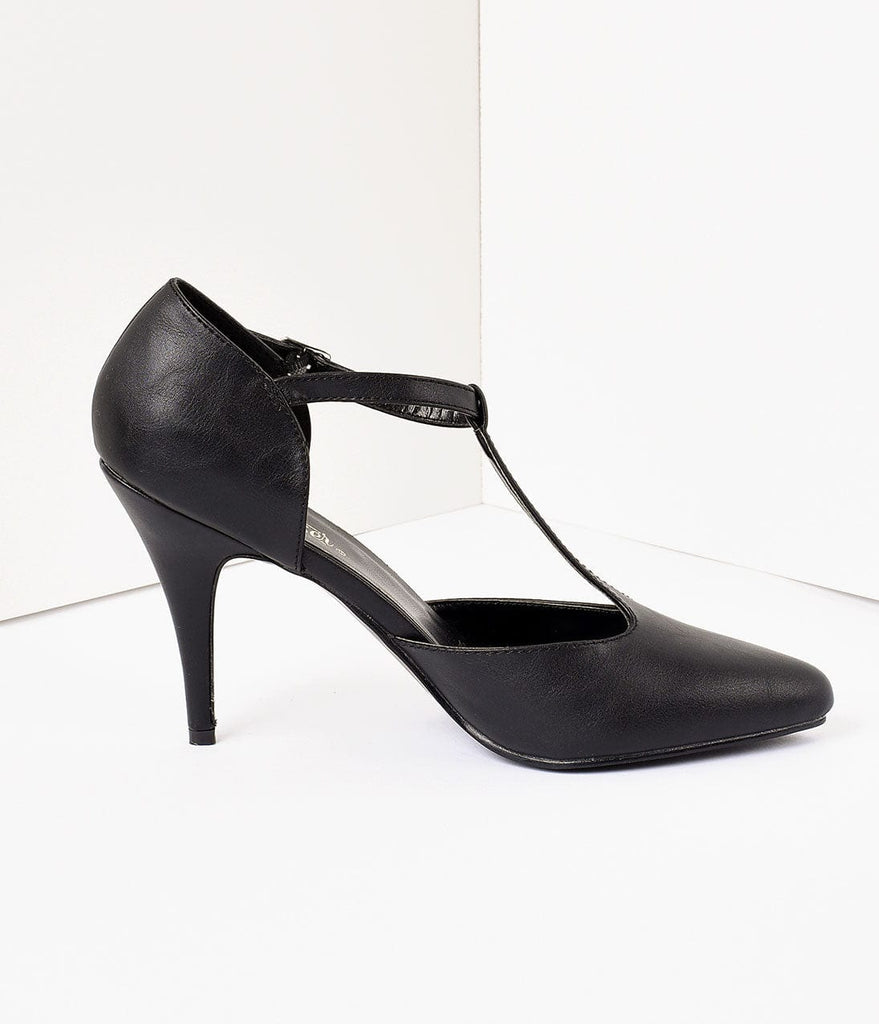 1920s Style Matte Black T-Strap Heels 