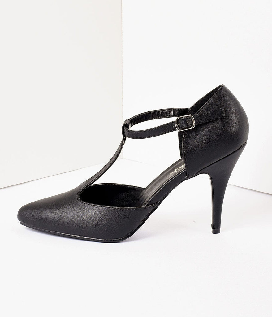 1920s Style Matte Black T-Strap Heels 