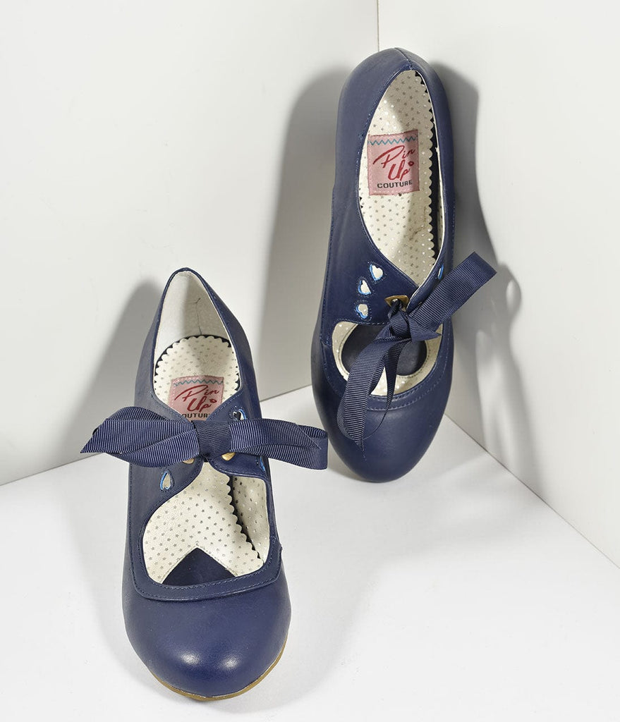 Vintage Style Navy Blue Leatherette Mary  Jane  Bow  Wiggle 