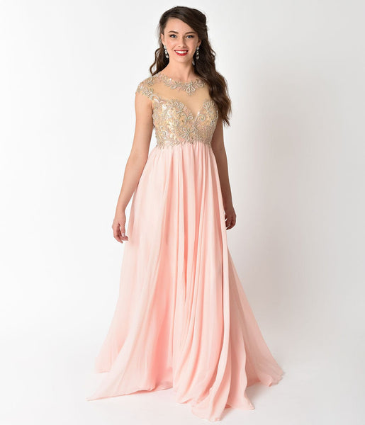 Blush Pink Chiffon & Beaded Illusion Neckline Long Dress – Unique Vintage