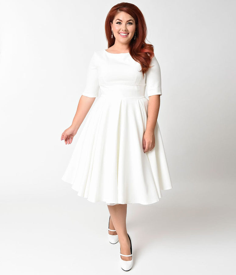 plus size white tea length dress