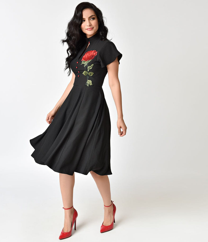 red and black embroidered dress