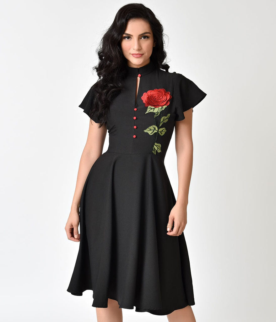 black dress with red roses embroidery