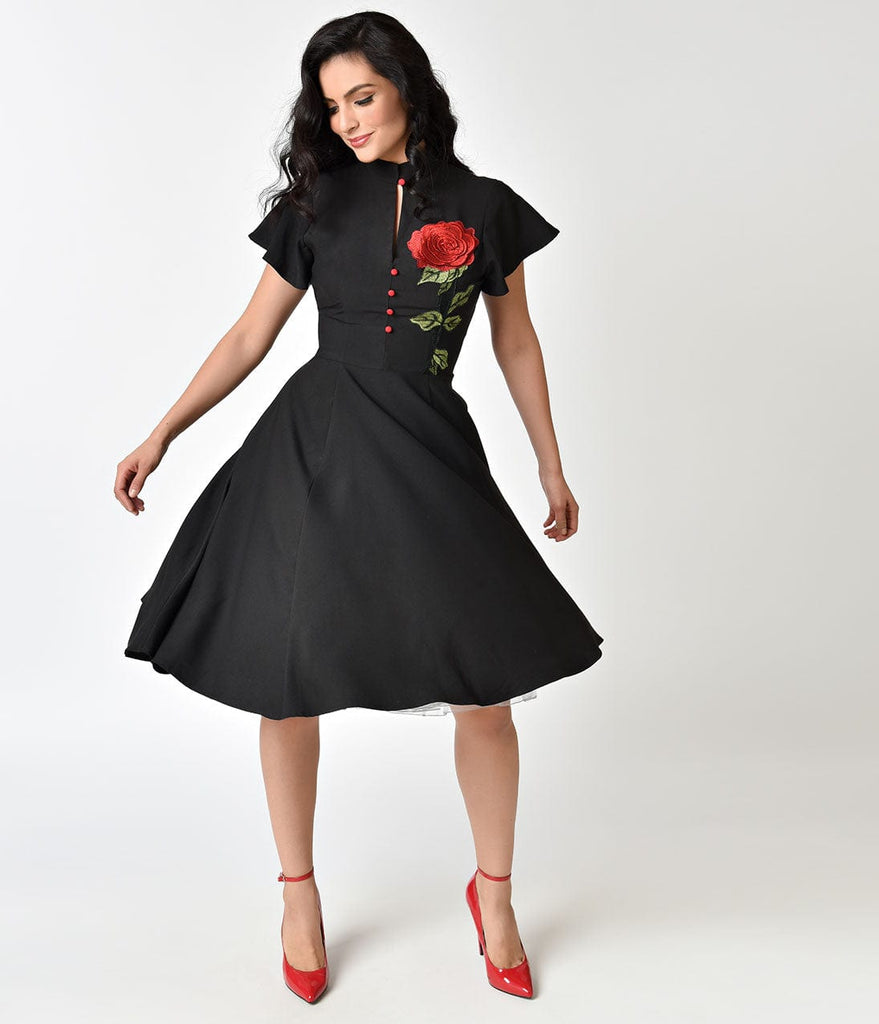 black dress with red roses embroidery