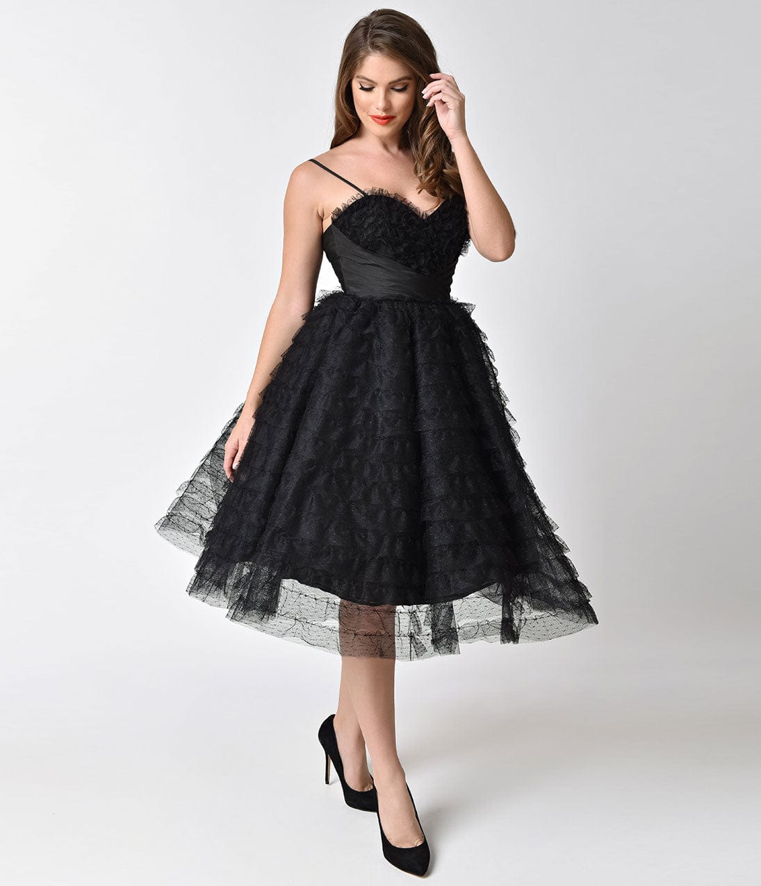 

Unique Vintage 1950S Black Ruffled Tulle Sweetheart Cupcake Swing Dress
