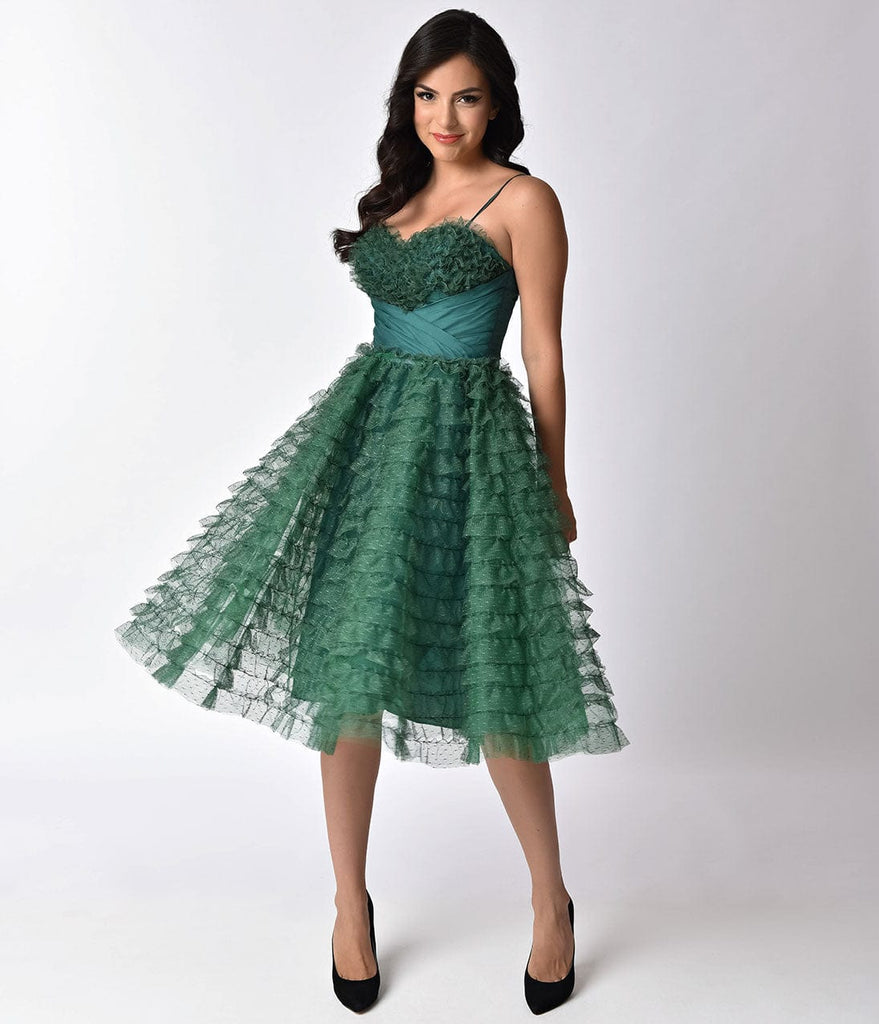 emerald green ruffle dress