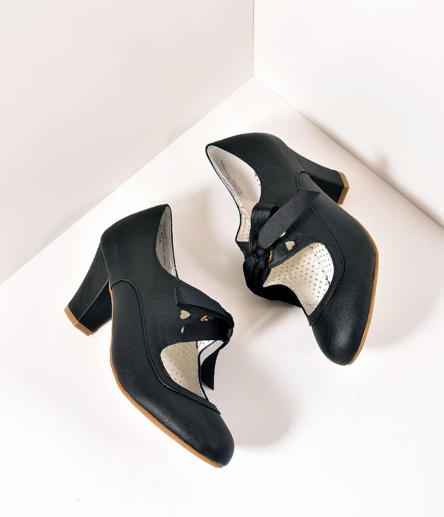 Vintage Style Black Leatherette Mary  Jane  Bow  Wiggle Heels 