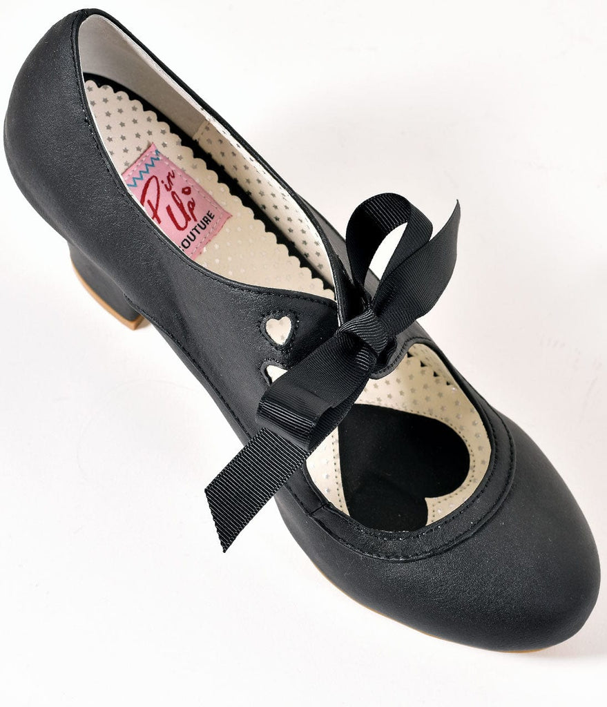 Vintage Style Black Leatherette Mary  Jane  Bow  Wiggle Heels 