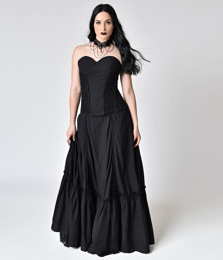 Vintage Style Black Linen & Lace Strapless Long Gown