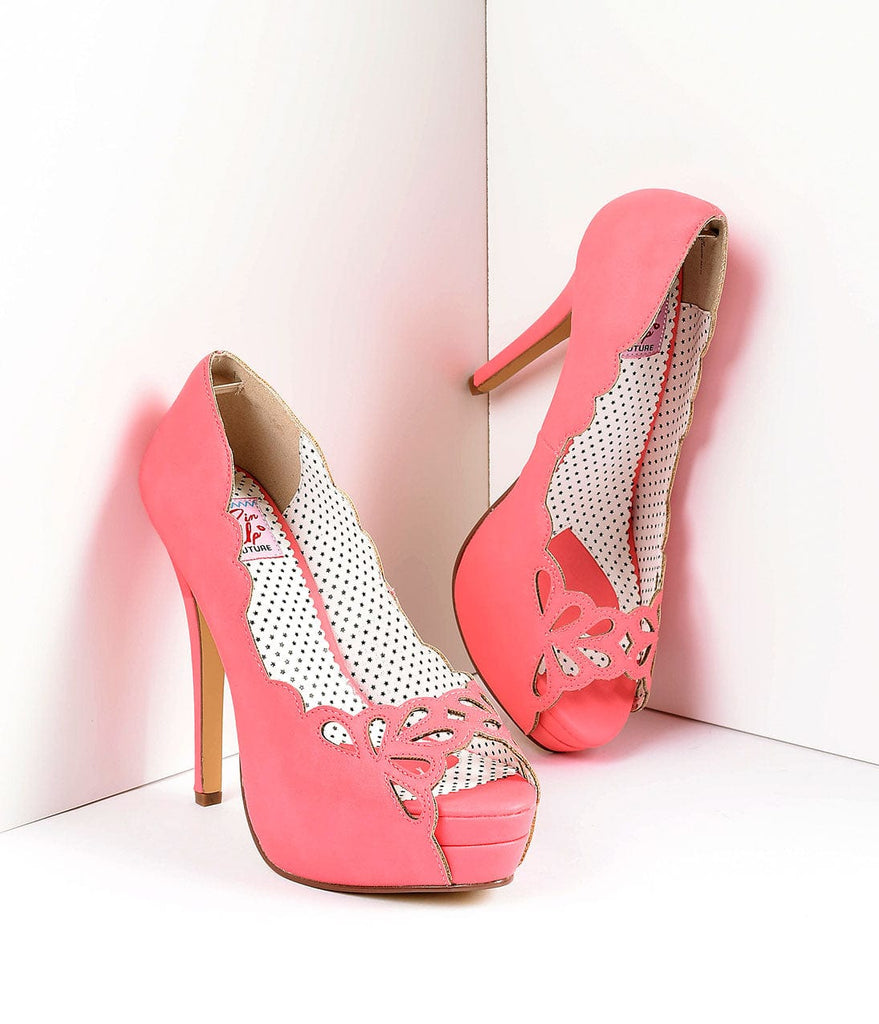 coral peep toe heels