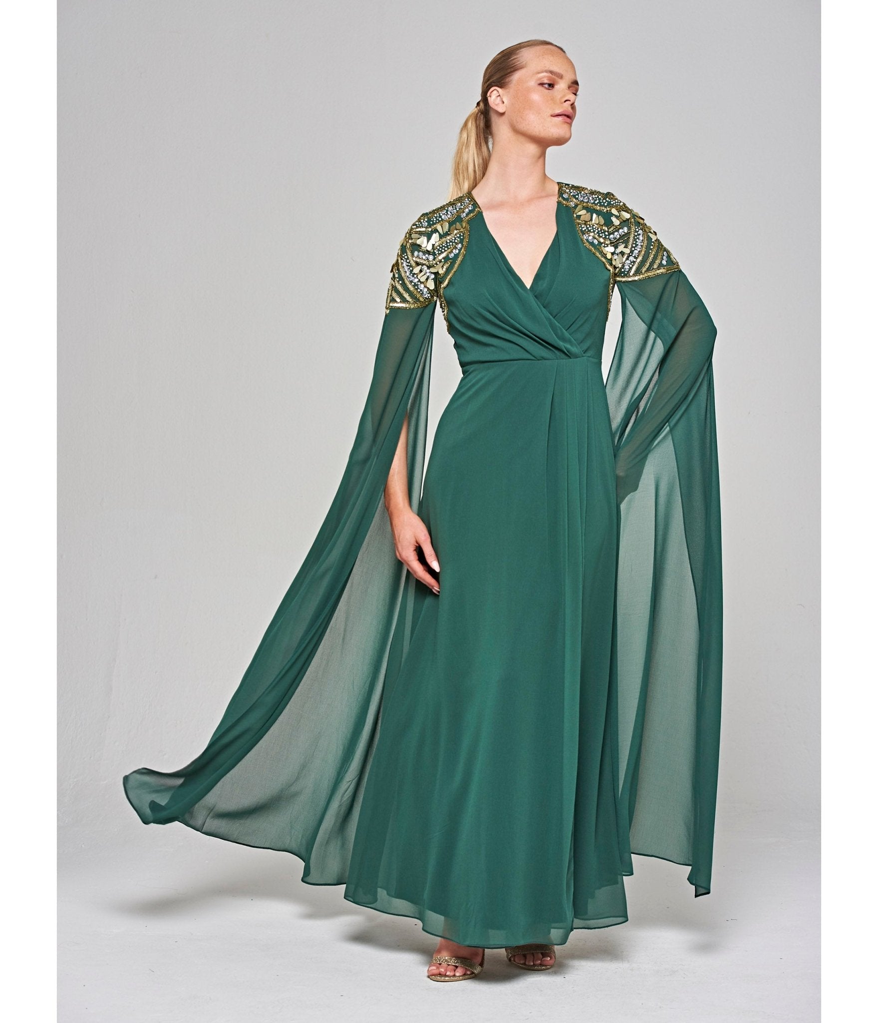 

Alpine Green Embellished Cape Sleeve Renee Maxi Dress