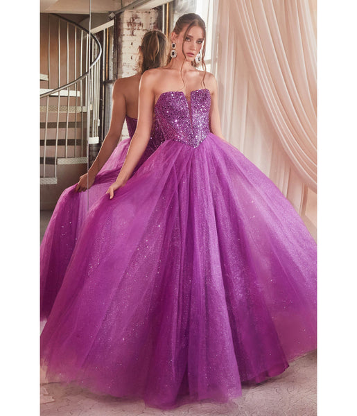A-line V-neck Strapless Corset Waistline Glittering Sequined Lace-Up Tulle Plunging Neck Ball Gown Prom Dress