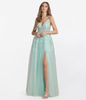 A-line V-neck Floral Print Mesh Illusion Applique Slit Open-Back Sleeveless Prom Dress by Nox Anabel