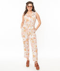 Sophisticated Sleeveless Belted Front Zipper Pocketed Elasticized Waistline Floral Print Collared Jumpsuit