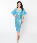 Baby V-neck Fitted Sequined Gathered Faux Wrap Short Sleeves Sleeves Dress