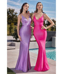 V-neck Floor Length Fitted Open-Back Glittering Satin Sleeveless Spaghetti Strap Evening Dress with a Brush/Sweep Train