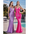 V-neck Floor Length Satin Open-Back Glittering Fitted Sleeveless Spaghetti Strap Evening Dress with a Brush/Sweep Train