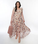 High-Low-Hem Floral Print Fitted Self Tie Lace Trim Maxi Dress With Ruffles