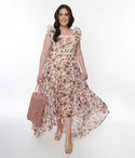 Self Tie Fitted High-Low-Hem Lace Trim Floral Print Maxi Dress With Ruffles
