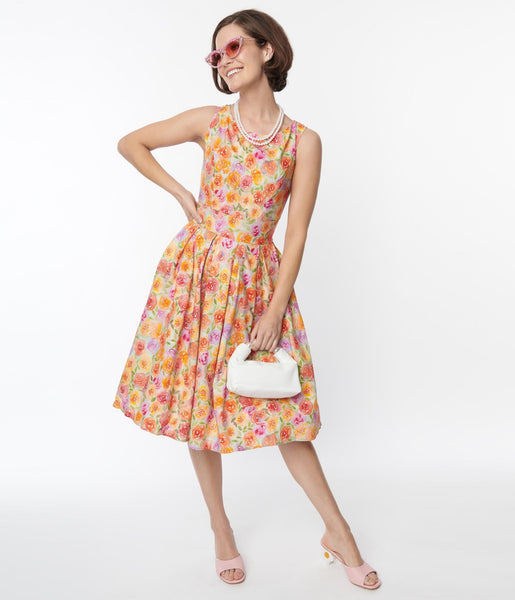 Floral Print Sleeveless Fit-and-Flare Fitted Hidden Back Zipper Scoop Neck Dress