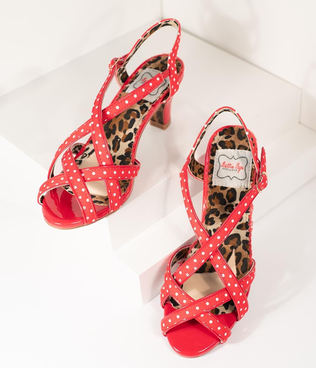 

Bettie Page Retro Red & White Polka Dot Peep Toe Gracie Heels