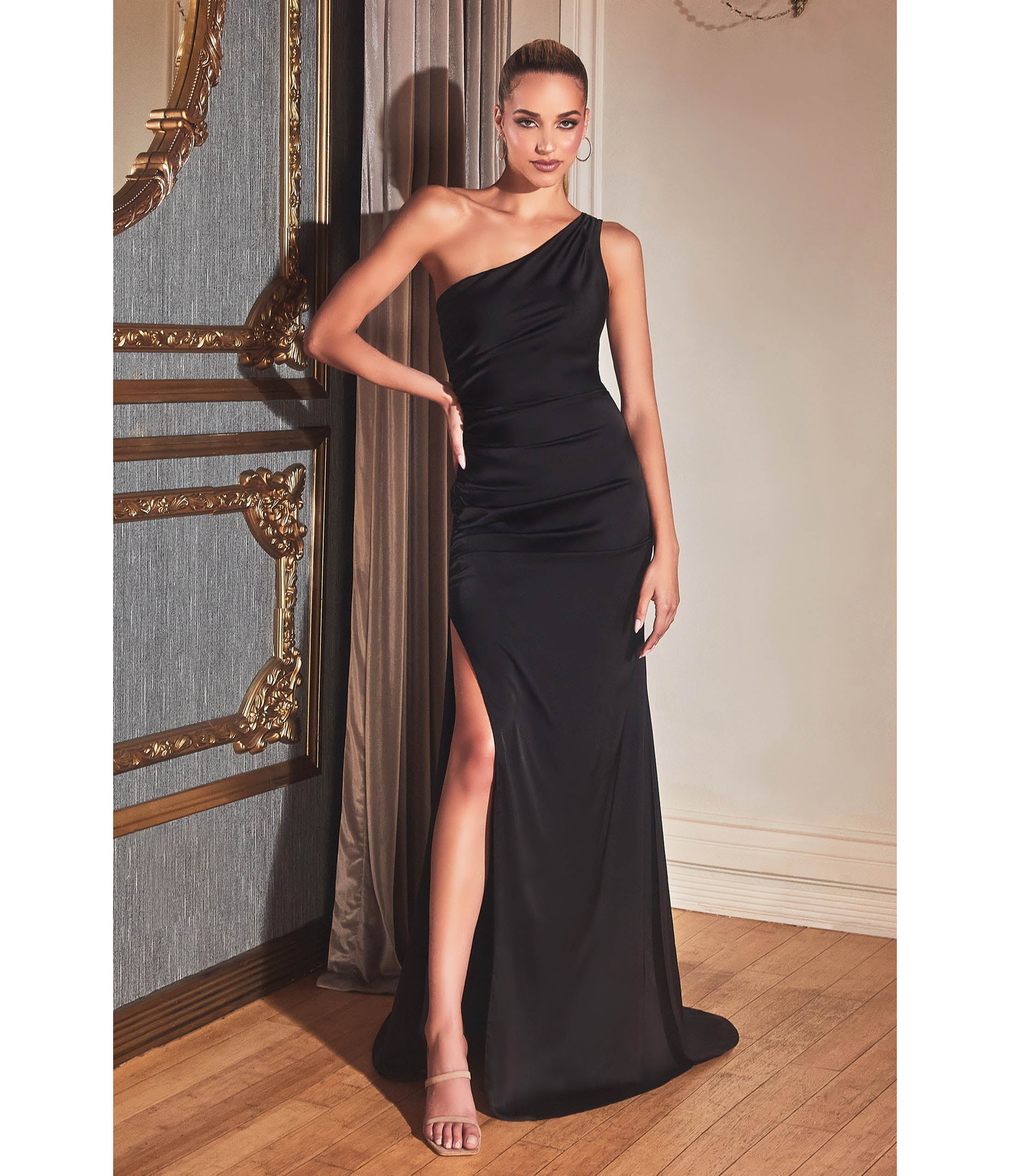 

Cinderella Divine Black Asymmetric One Shoulder Satin Slit Dress