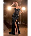 Sophisticated Strapless Illusion Slit Lace-Up Beaded Sheer Fitted Pleated Floor Length Sweetheart Satin Corset Waistline Evening Dress/Prom Dress with a Brush/Sweep Train