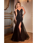 V-neck Strapless Mermaid Tulle Floor Length Glittering Open-Back Sheer Sequined Slit Illusion Beaded Corset Waistline Prom Dress with a Brush/Sweep Train