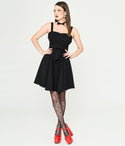 Fit-and-Flare Collared Square Neck Pocketed Back Zipper Fitted Self Tie Short Sleeveless Dress With a Bow(s)