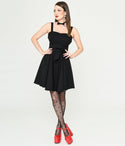 Sleeveless Short Collared Square Neck Fit-and-Flare Fitted Pocketed Back Zipper Self Tie Dress With a Bow(s)