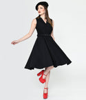 Sophisticated V-neck Swing-Skirt Sleeveless Collared Pocketed Belted Side Zipper Dress