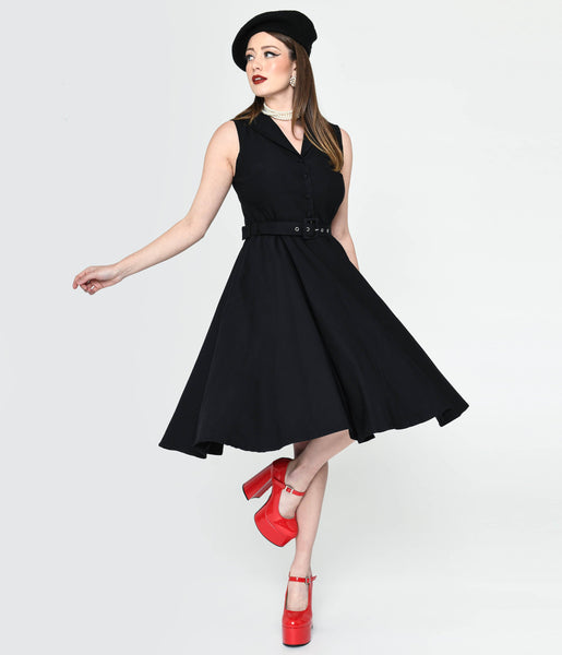 Sophisticated V-neck Swing-Skirt Sleeveless Collared Pocketed Side Zipper Belted Dress