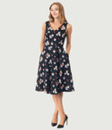 V-neck General Print Back Zipper Pocketed Fitted Swing-Skirt Dress