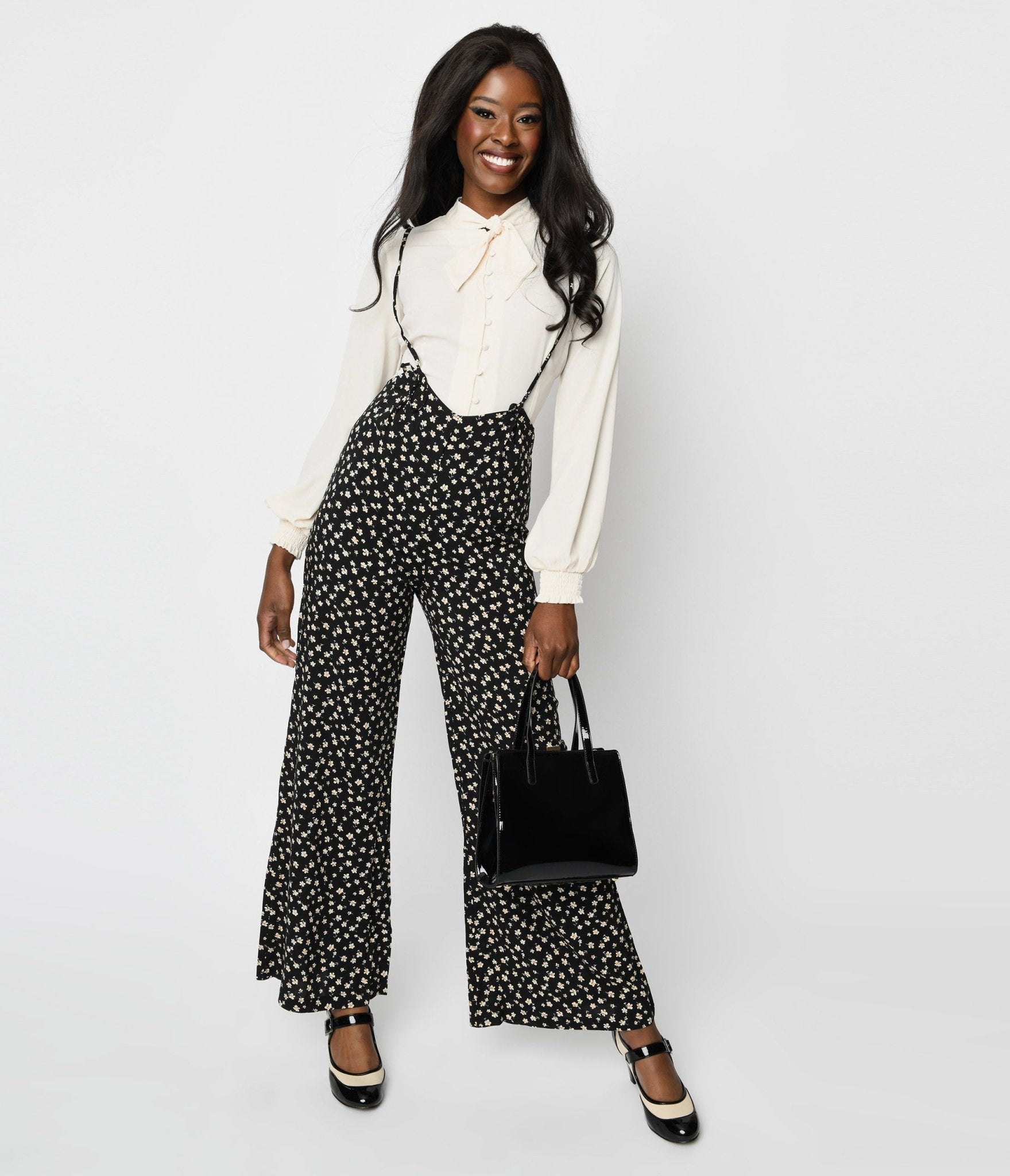 Black Ditsy Floral Belted Wrap Crop Jumpsuit