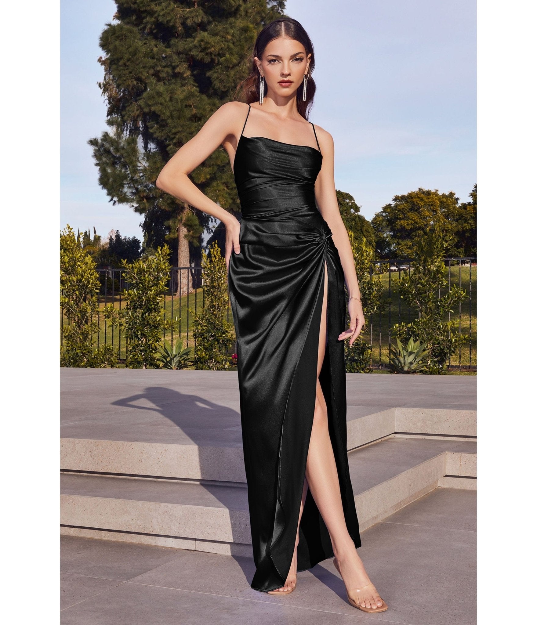 

Cinderella Divine Black Draped Satin Slit Bridesmaid Dress