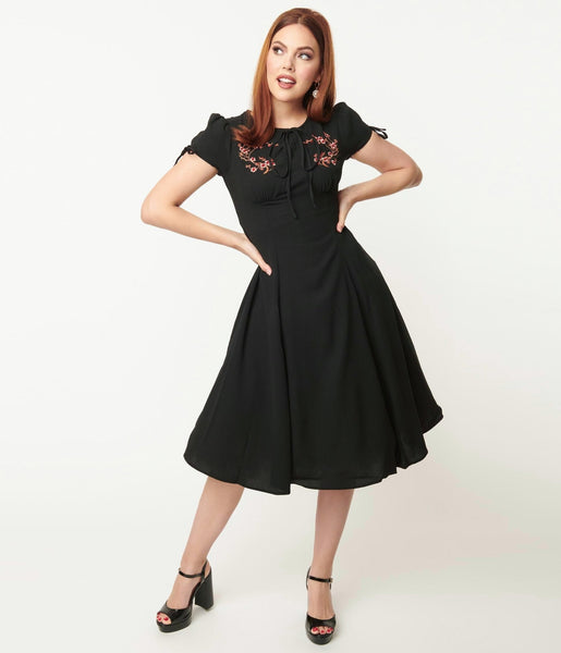 Modest Back Zipper Vintage Self Tie Embroidered Crepe Empire Waistline Scoop Neck Short Sleeves Sleeves Swing-Skirt Dress With a Bow(s)