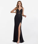 V-neck Beaded Slit Sheer Corset Waistline Lace Floral Print Evening Dress/Prom Dress